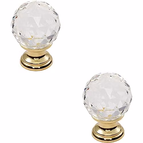 Loops 2 Pack Faceted Crystal Cupboard Door Knobs in Polished Brass