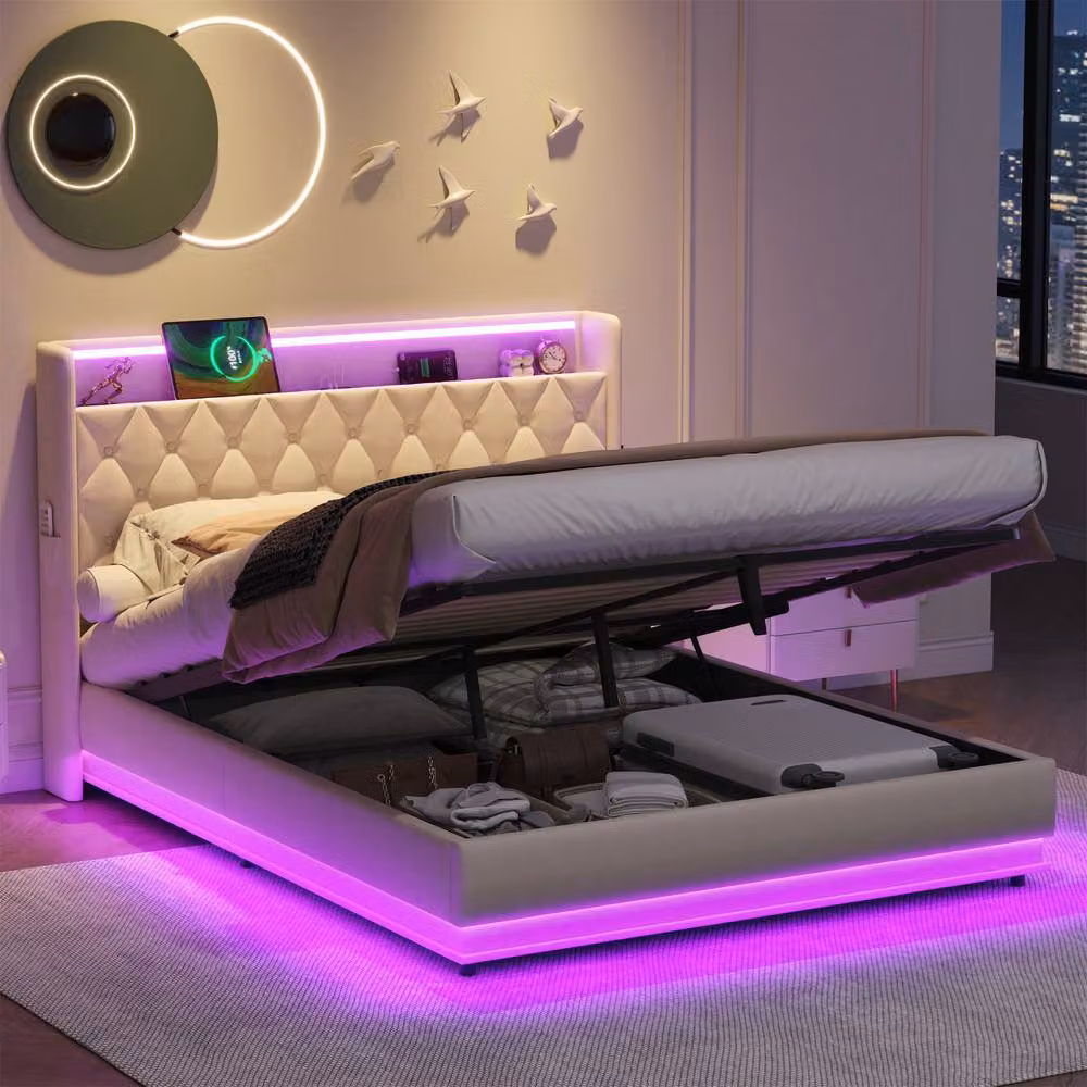Merax Beige Fabric Hydraulic Storage Bed with LED Headboard, USB Charging Port and Bedside Shelf, W/D/H: 140 x 200 cm – 2