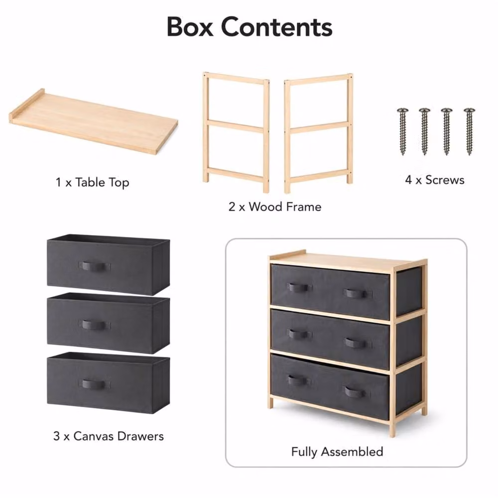 VOGREX 3 Drawer Grey Canvas Storage Unit with Pine Wood Frame – 4