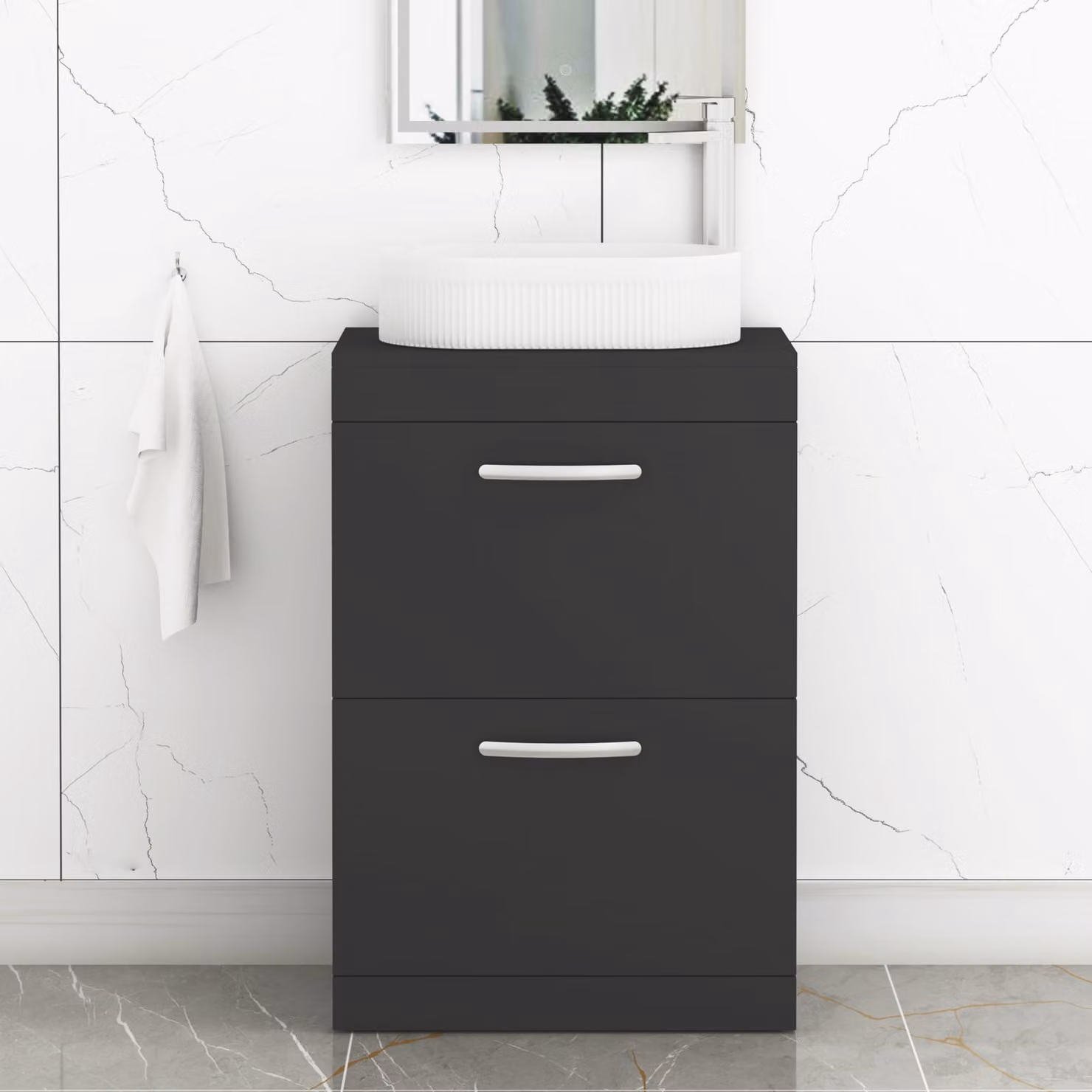 Royal Bathrooms Turin 600mm Floor Standing 2 Drawer Vanity Unit in Matt Black with Lyon Countertop Basin and Brushed Brass Handle