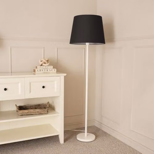 ValueLights White Metal Single Stem Floor Lamp with Black Fabric Tapered Lampshade and Included LED Bulb – 2