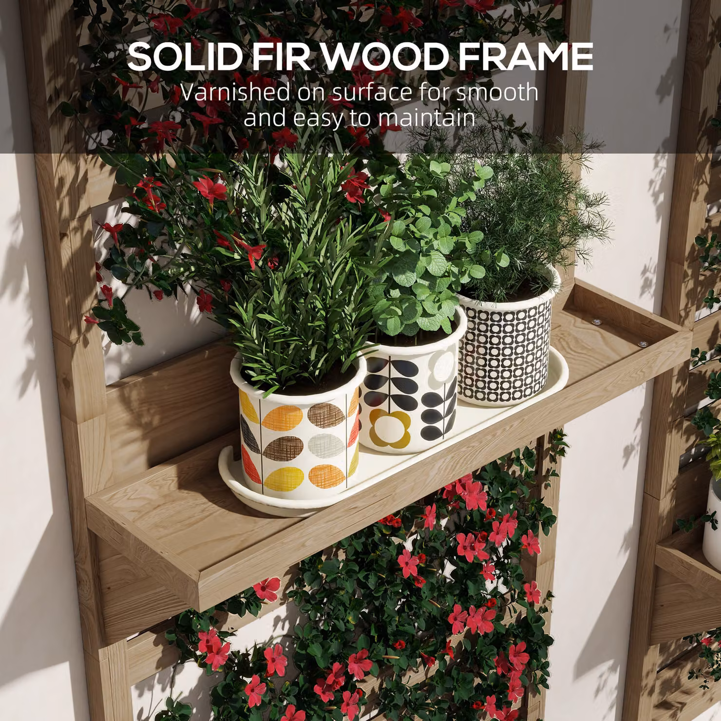 Outsunny Set of 2 Brown Fir Wood Wall Mounted Plant Stands with Shelves and Slatted Trellis – 6