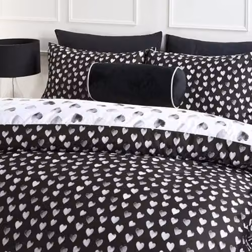 OHS Heart Print Superking Duvet Cover and Pillowcase Set, Reversible Microfibre Polyester Bedding in Mono White and Black, Duvet Cover 200 x 220 cm, Pillowcases 50 x 75 cm – 4