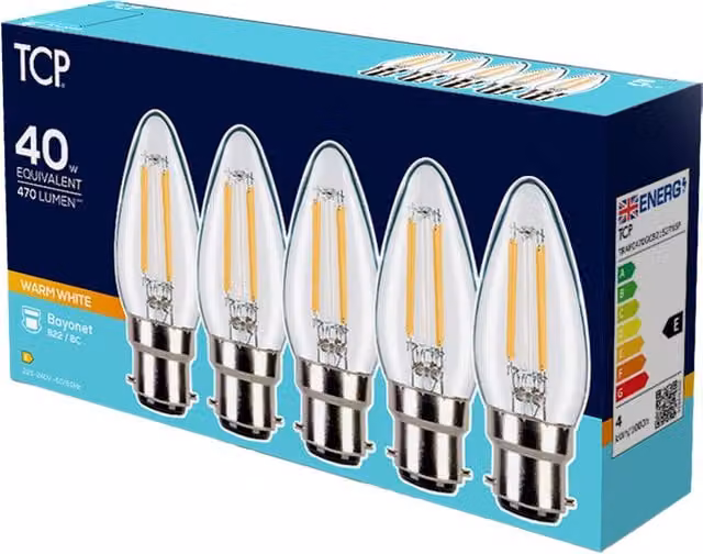 TCP Warm White Filament Candle B22 Bulbs, 470L