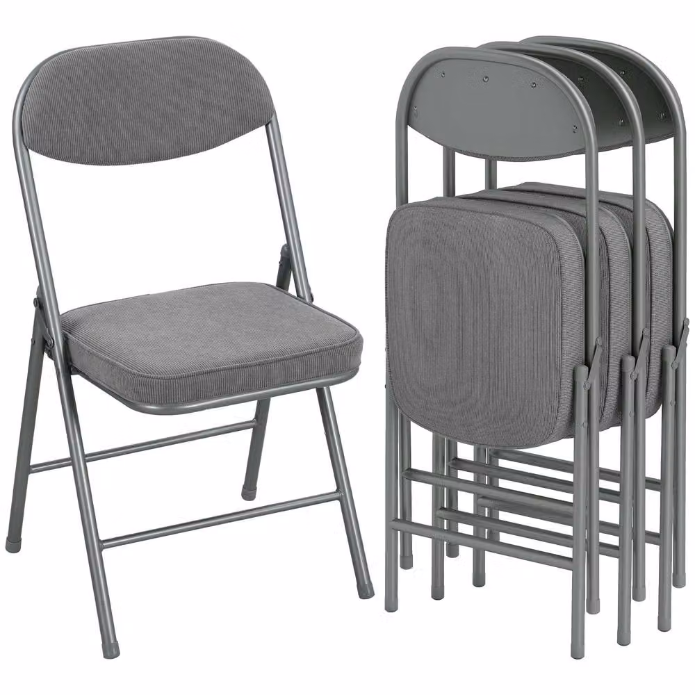 STILVORA Set of 4 Grey Corduroy Upholstered Folding Chairs with Metal Frame – 4