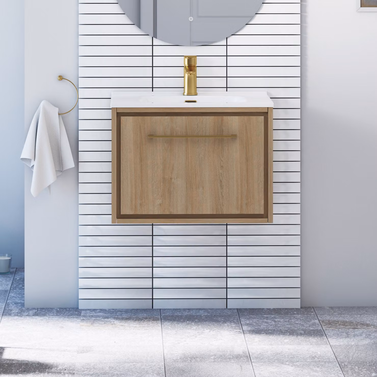 Livora 600mm Natural Oak Wall Hung Bathroom Vanity Unit with Ceramic Basin and Brushed Brass Handle