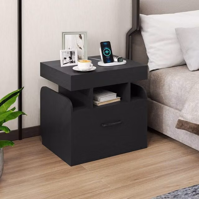 Costway Modern Wooden Nightstand with Drawer and Charging Outlets in Black