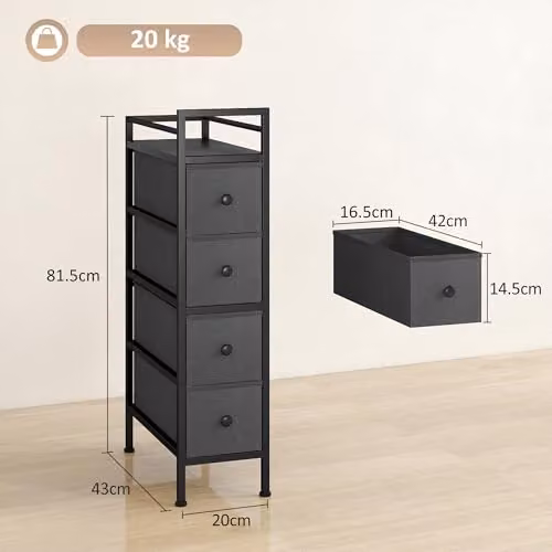 HOMCOM Slim Fabric Chest of Drawers with 4 Drawers, Black, H 81.5 x W 43.0 x D 20.0 cm – 3