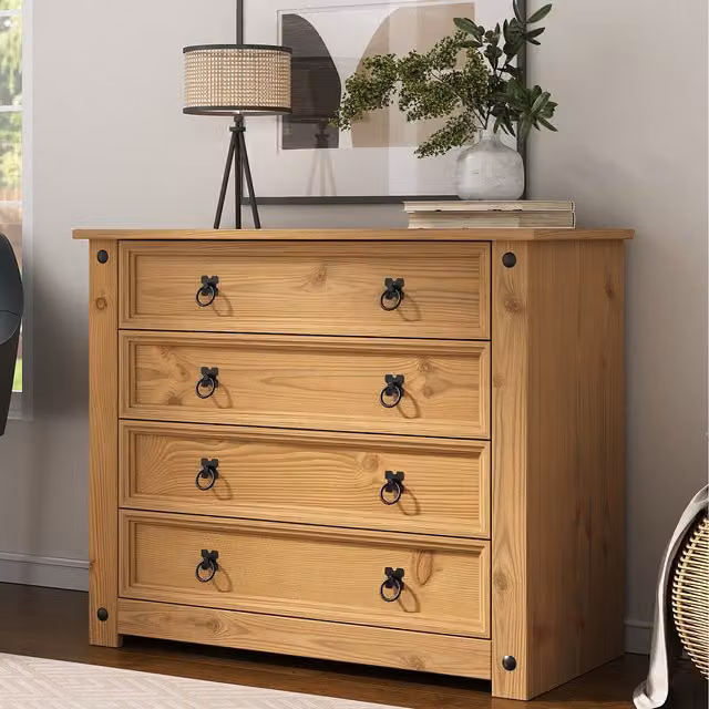 Mews Rustic Waxed Pine 4 Drawer Chest of Drawers in Brown