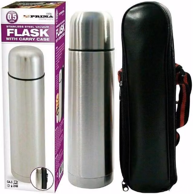 BARGAINS-GALORE Stainless Steel Vacuum Insulated Flask with Carry Case, 0.5 l, Metallic Silver