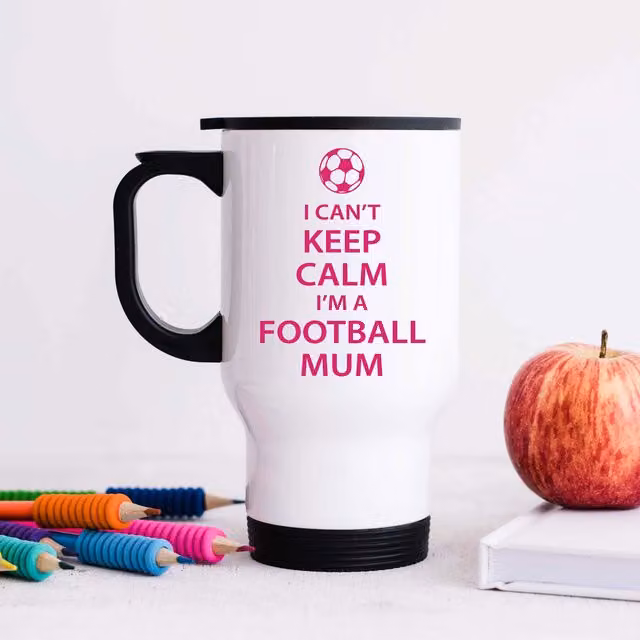 60 Second Makeover I Can't Keep Calm I'm a Football Mum Metal Travel Mug in White and Pink