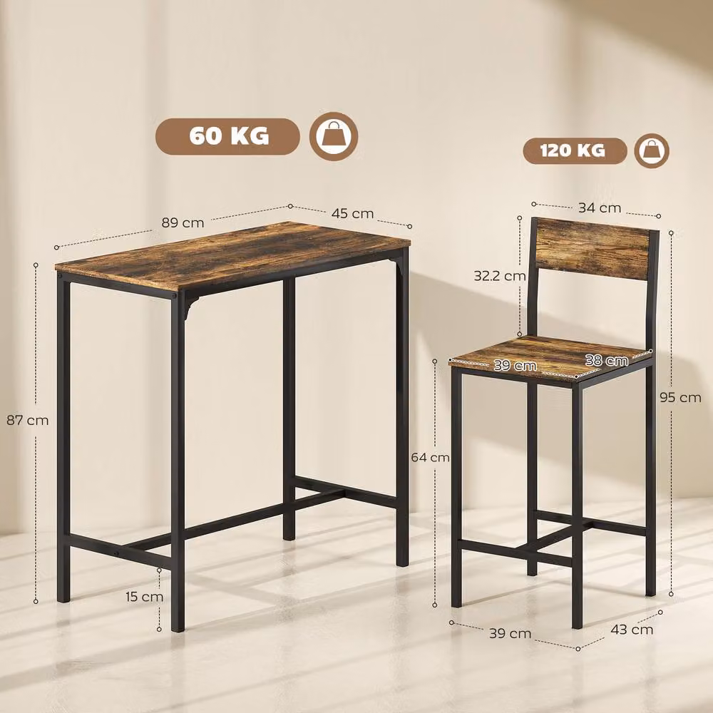 HOMCOM 3-Piece Industrial Bar Table and Stools Set in Brown and Black – 3