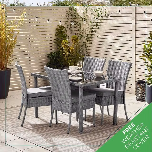 FurnitureboxUK Bali 4 Seat Rattan Outdoor Dining Set with Glass Top Table and Chairs in Grey, Black and Brown