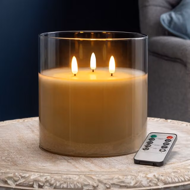 Christow Grey Glass 3 Wick LED Tabletop Candle with Remote Control and Flicker Effect