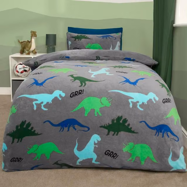 OHS Dino Print Fleece Duvet Set, Grey, W: 140 cm, L: 200 cm