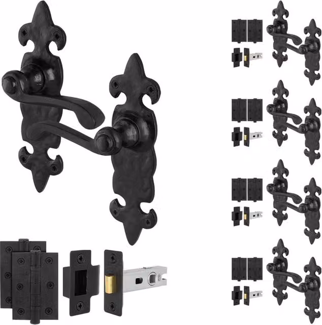 AFIT Black Antique Cast Iron Door Handle and Hinge Set with 64mm Latch, H x W: 15.0 x 15.0 cm