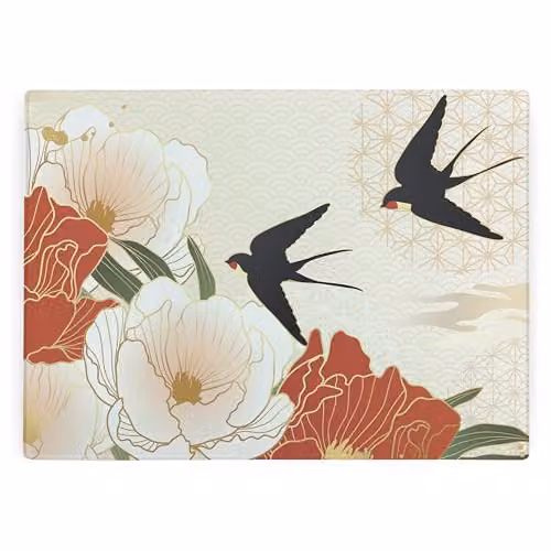 Purely Home Oriental Swallows Rectangular Glass Worktop Protector with Non-Slip Feet, Multicolour, W: 39 cm, D: 28.4 cm
