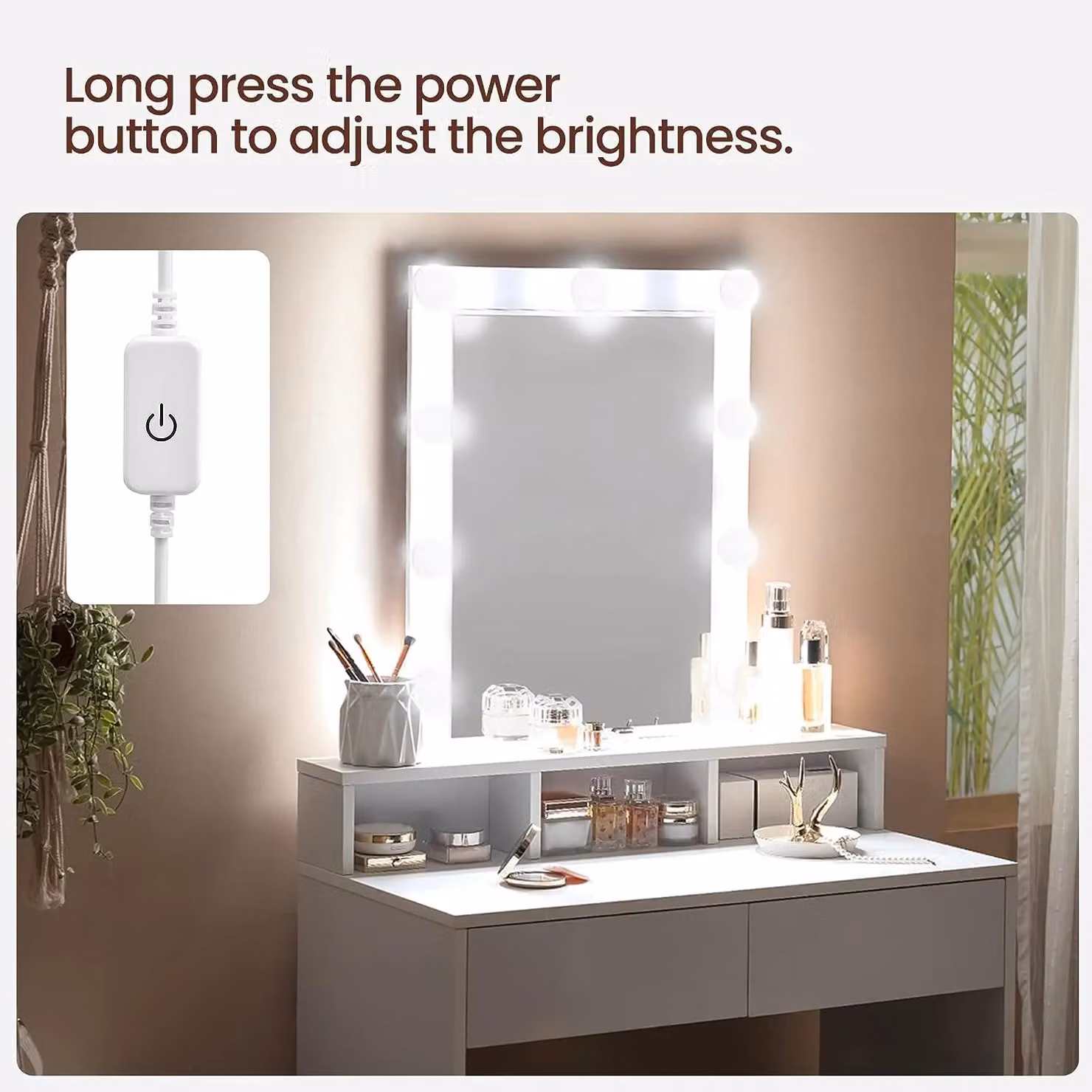 VASAGLE Modern White LED Vanity Table with Adjustable Brightness Mirror and 2 Drawers – 3
