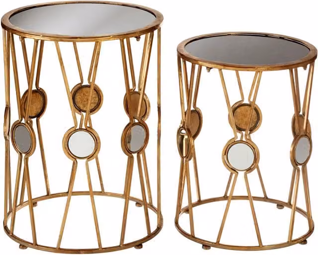 Orsina Set of 2 Elegant Round Nested Side Tables with X-Frame Design in Black and Gold – 1