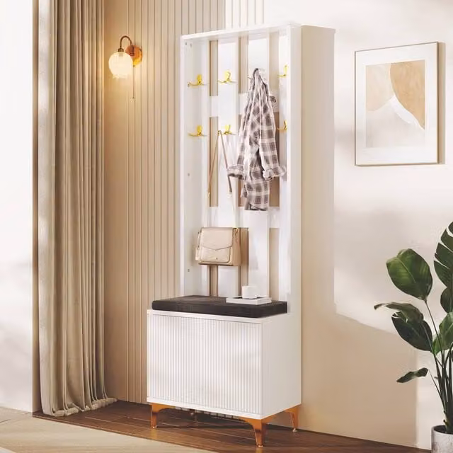 Merax Hall Tree with Fluted Shoe Bench and Cushioned Seat in White and Gold, H 180.5 x W 60.5 x D 35.2 cm
