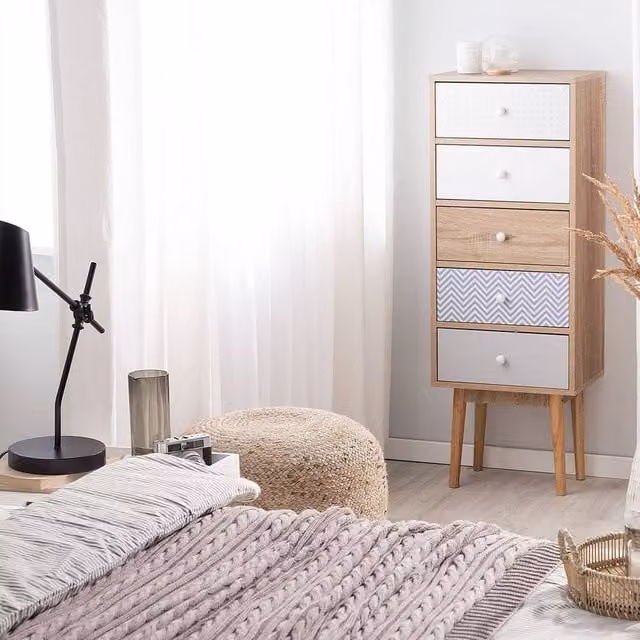 Wyld and Coco Five Drawer Chest in Light Brown, White and Grey Scandinavian Design