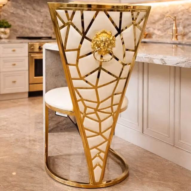 Stratus Interiors Dragon Dining Chairs in Cream with Gold Geometric Accents and Lion Knocker