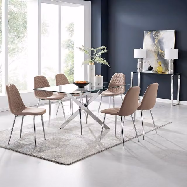 FurnitureboxUK Leonardo Dining Table with Six Corona Silver Chairs in Cappuccino, W/D/H: 150 x 90 x 75 cm