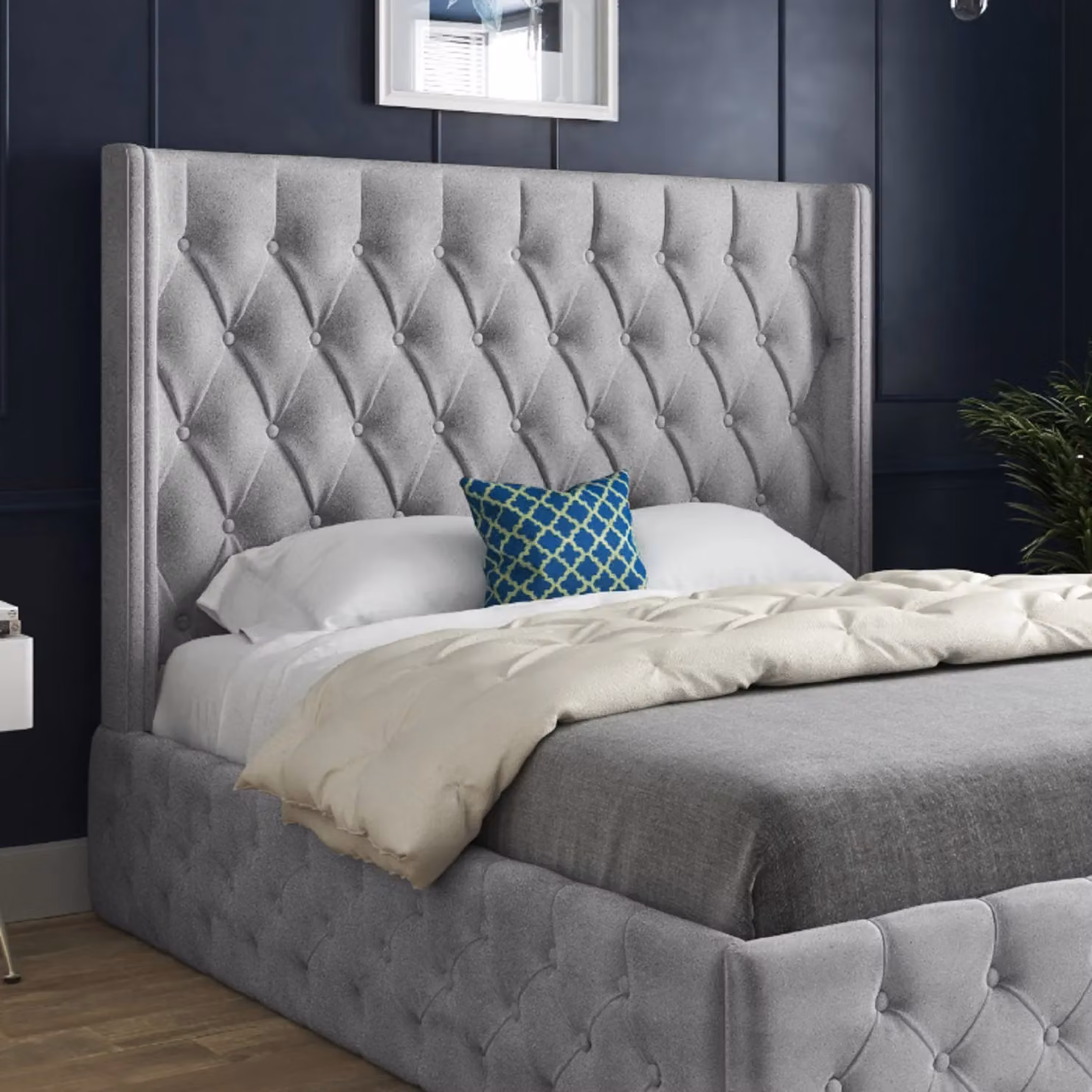 KDMD Turin Chesterfield Upholstered Velvet Bed Frame in Grey, W/D/H: 140 x 200 x 137 cm – 2