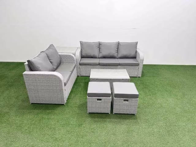 Fimous 7 Seater Grey PE Rattan Wicker Garden Furniture Set with Rectangular Coffee Table, 3 Seater Sofa, Love Seat and 2 Stools