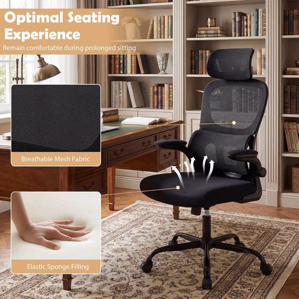 Gymax High Back Ergonomic Mesh Office Chair with Lumbar Support, Headrest and Flip-up Arms in Black – 4