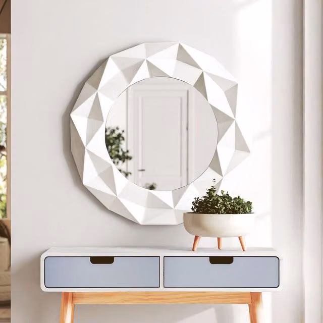 Orsina Round 3D Effect High Gloss Wall Mirror in White, Diameter: 78 cm