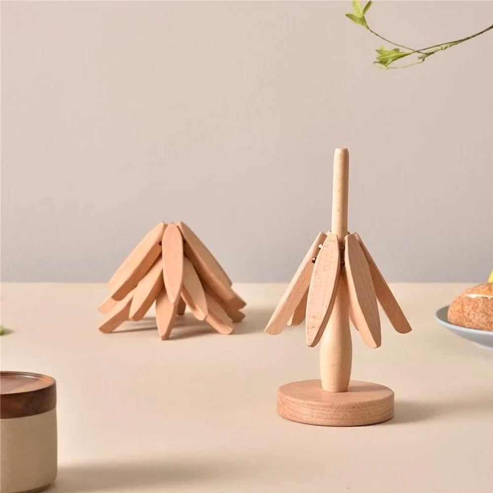 VOGREX Set of 4 Round Wooden Tree Coasters in Beige – 3