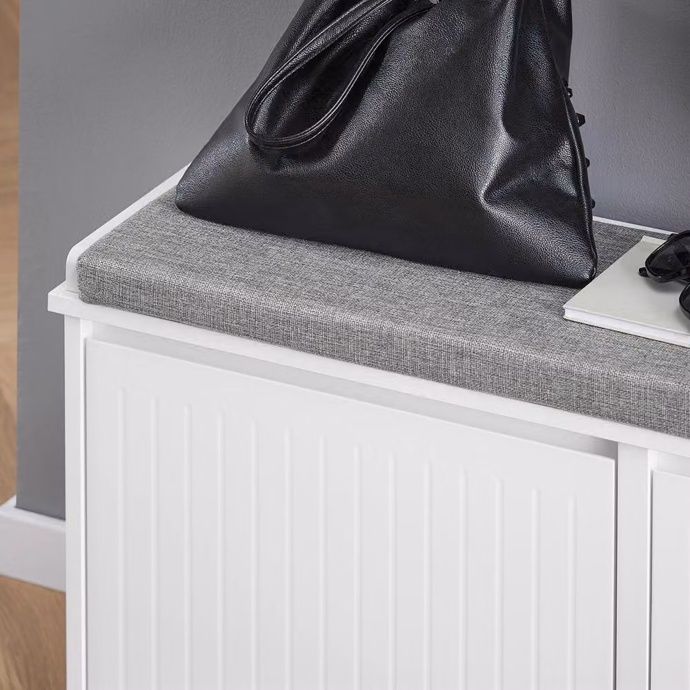 SoBuy Modern Slim Entrance Bench and Shoe Rack with Upholstered Fabric Frame in White and Grey – 4