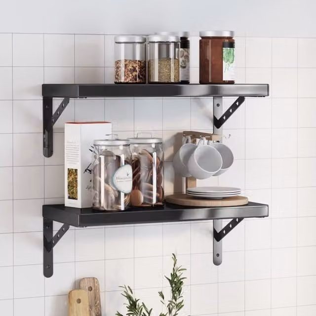 Berkfield Home Set of 2 Black Matt Stainless Steel Wall Mounted Shelves, W/D/H: 50 x 23.5 x 3 cm – 1