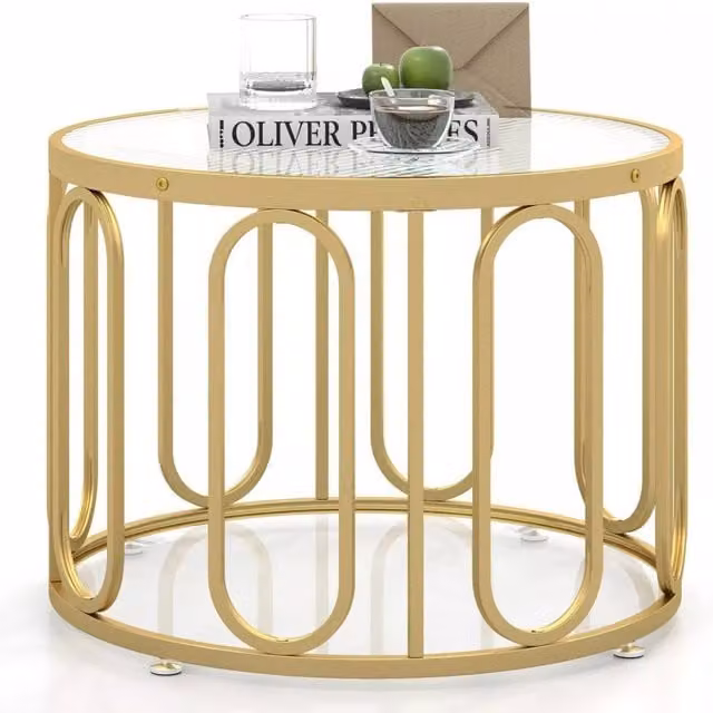 Costway Modern 2-Tier Round Glass and Metal Coffee Table in Gold, Diameter: 60 cm, Height: 45 cm – 1