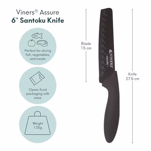 Viners Assure 6 inch Santoku Knife with Black Soft Grip Handle and Stainless Steel Non-Stick Blade – 3