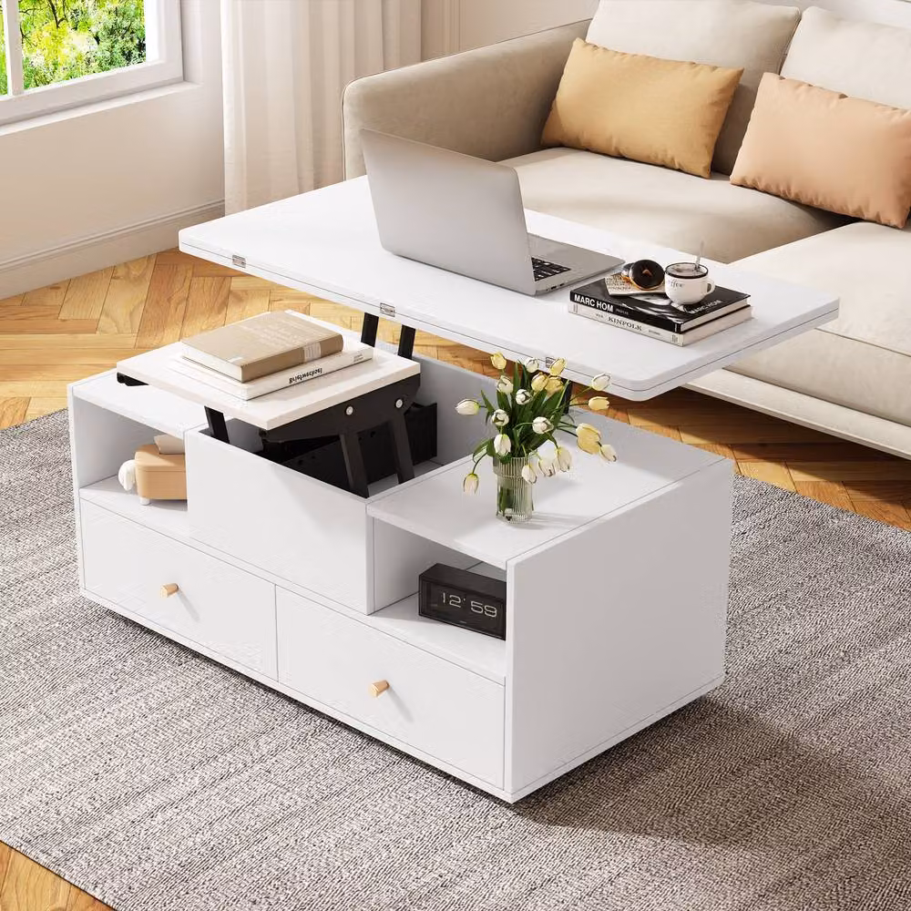 Rolipo White Lift-Top Coffee Table with Extendable Top, 4 Drawers and Castors – 5