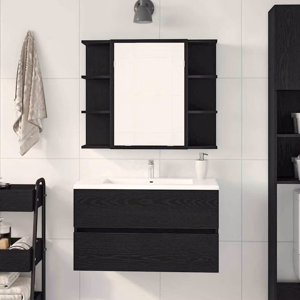 Berkfield Home Black Oak Solid Wood Compact Wall Mounted Mirror Cabinet – 4