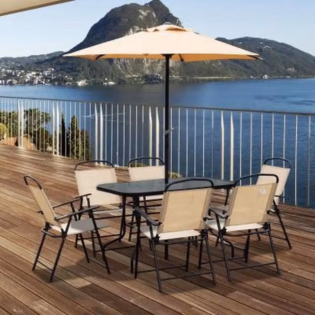 Chilli Modern Garden Dining Set with Oval Glass Table and 6 Chairs in Beige