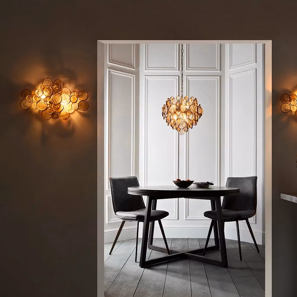 Loops Antique Gold Ornate Chandelier with Transparent and Amber Glass Detailing, Dimmable and Height Adjustable – 3