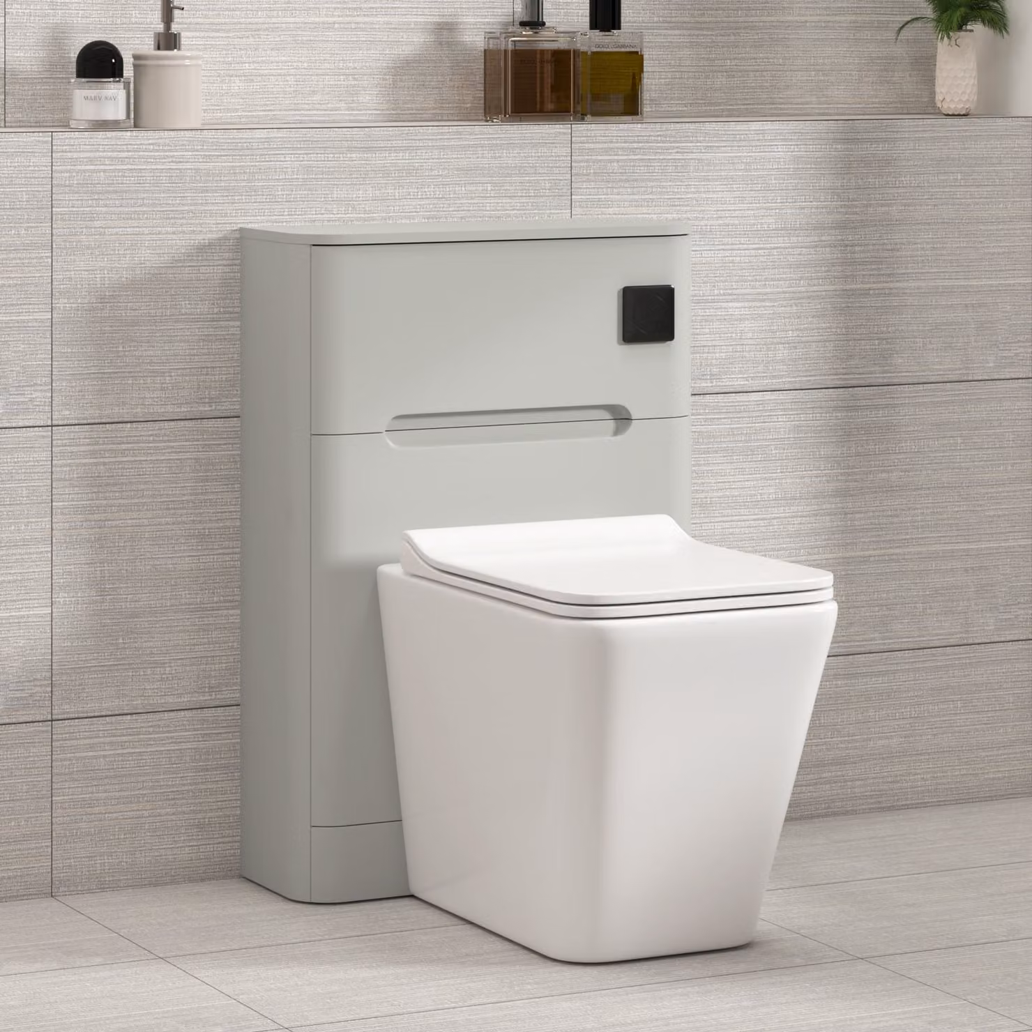 Royal Bathrooms Venice 550mm Dove Grey Wall Mounted WC Unit with Elena Rimless Ceramic Toilet Pan, Slim Soft Close Seat and Cistern