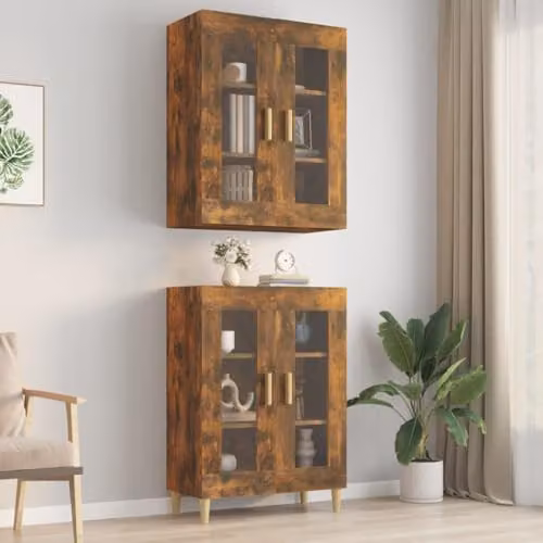 vidaXL Wall Mounted Hanging Cabinet with Glass Doors in Brown Oak, W/D/H: 69.5 x 34 x 90 cm