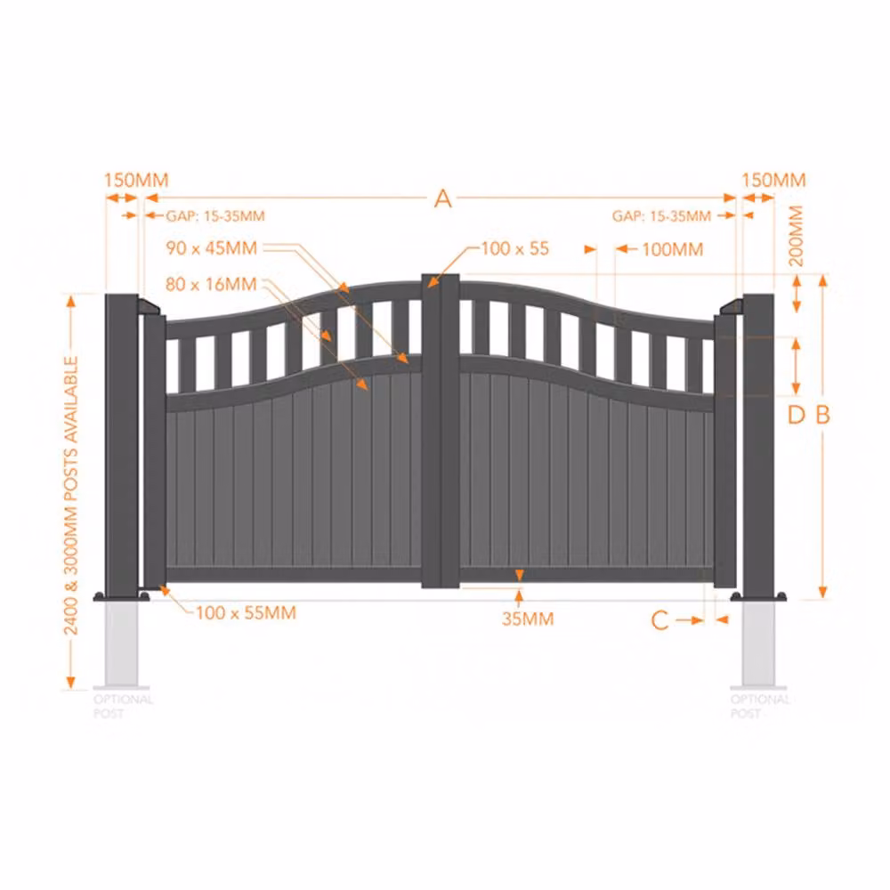 Ready Made Double Swing Gate with Vertical Solid Infill and Bell in Black, W: 350 cm, H: 200 cm – 2