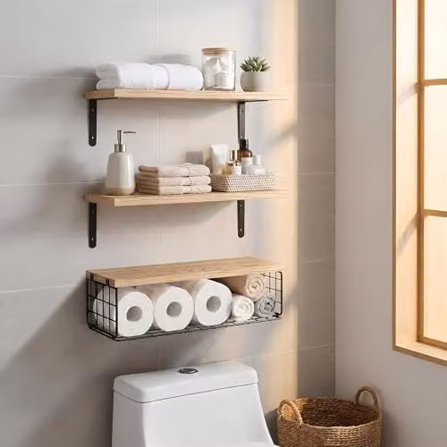 Harbour Housewares Set of 3 Rustic Brown Wooden Floating Shelves with Wire Storage Baskets, Wall Mounted, W/D/H: 42 x 15 x 15 cm – 2