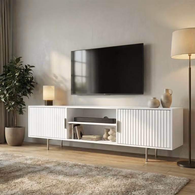 DHS Flutrina Modern White Lacquered TV Unit Cabinet W/D/H: 180 x 40 x 55 cm
