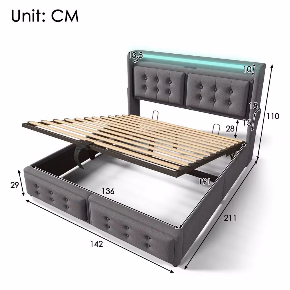 Merax Grey Upholstered Linen Double Storage Bed with LED Lighting, USB Charging Ports and Lift-Up Base, W/D/H: 140 x 200 x 135 cm – 2