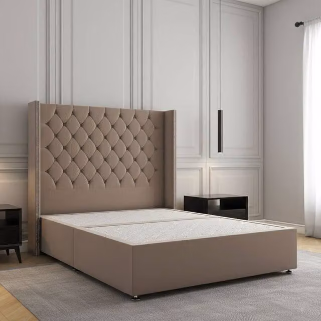 Regional Furnishings Luxury Small Double Divan Bed with 54 inch Plush Velvet Headboard in Bronze, W/D/H: 120 x 200 x 30.48 cm