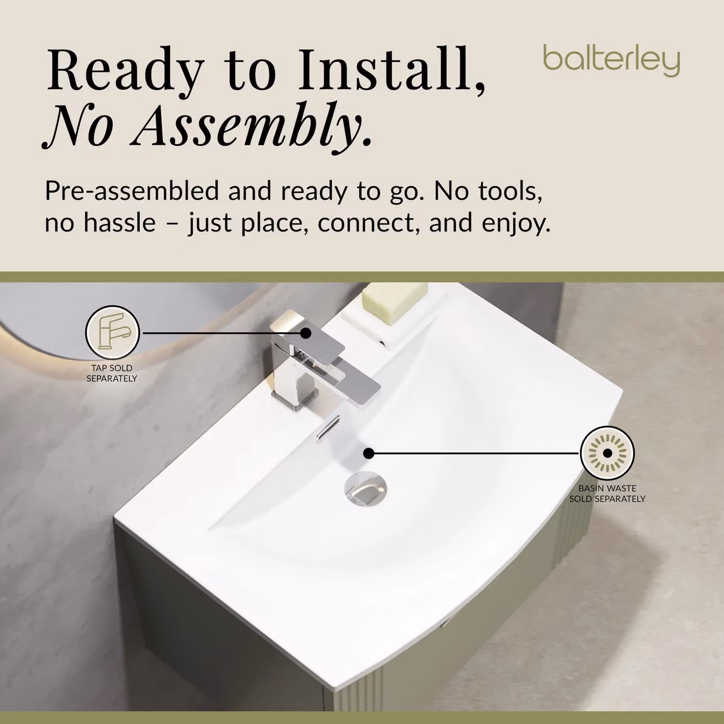 Balterley Wall Hung 1 Drawer Vanity Unit with Curved Basin, Satin Green, Width: 60 cm – 3