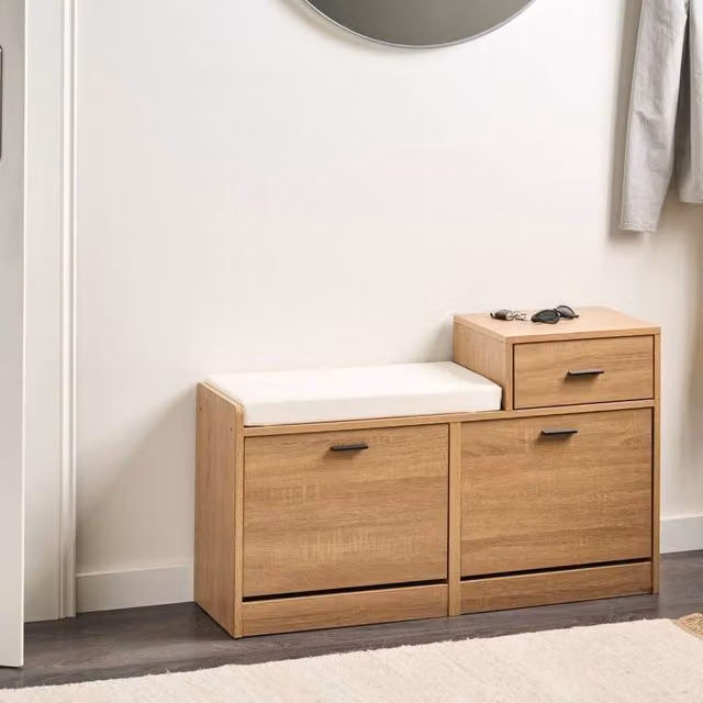 Wyld and Coco Shoe Storage Cabinet with Padded Seat in Brown – 1