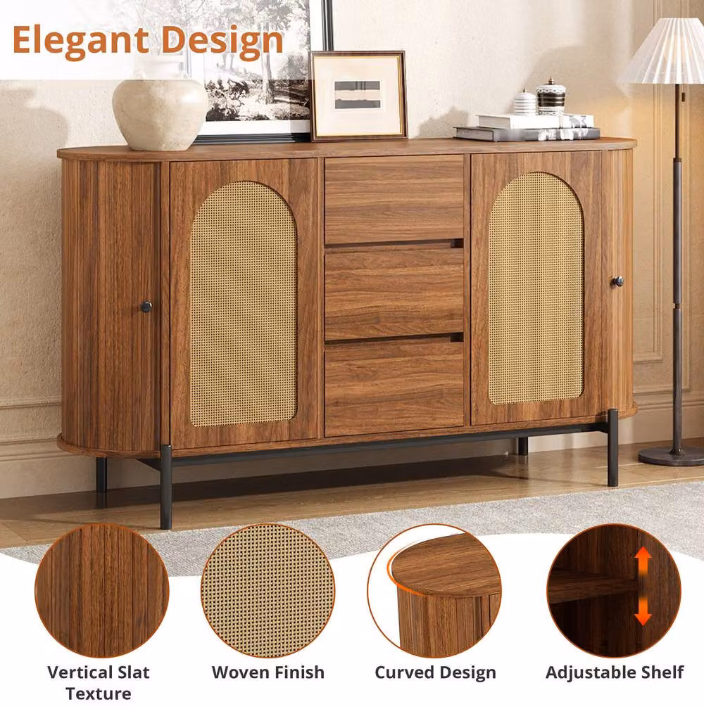 STILVORA Mid-Century Sideboard with Rattan Doors, Drawers and Sliding Doors in Walnut and Black – 4